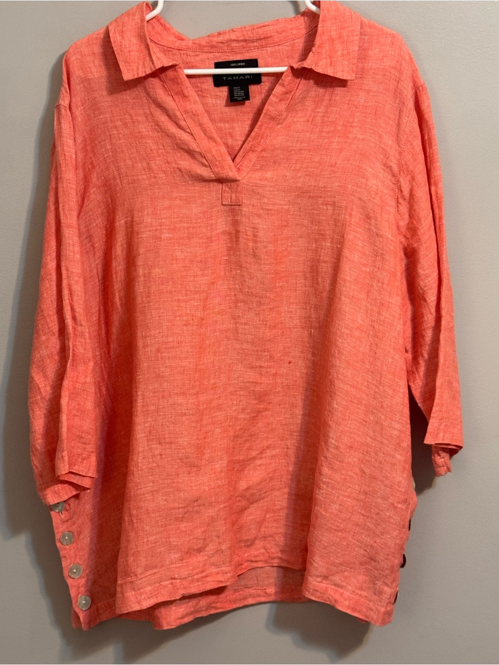Tahari 100% Linen Coral Tunic Blouse 2X Plus Size Button Side Top